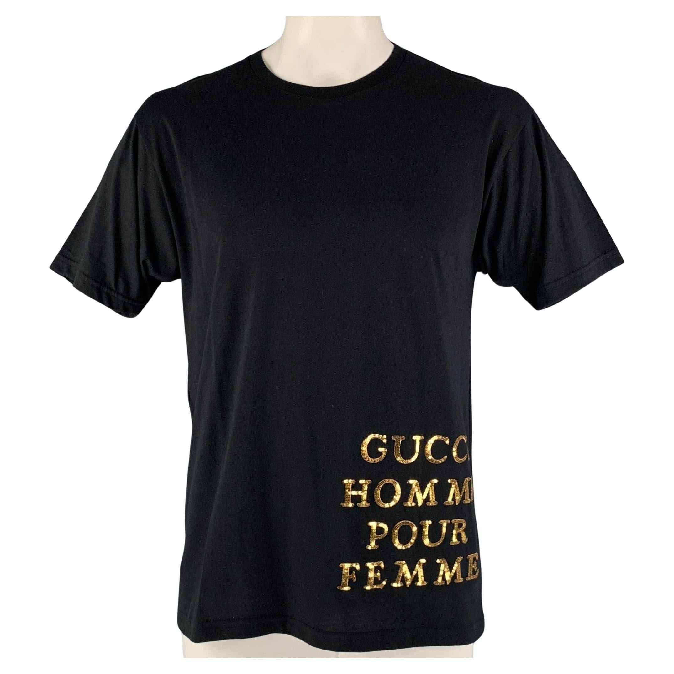 GUCCI Size XS Black Gold Embroidery Cotton Crew-Neck T-shirt
