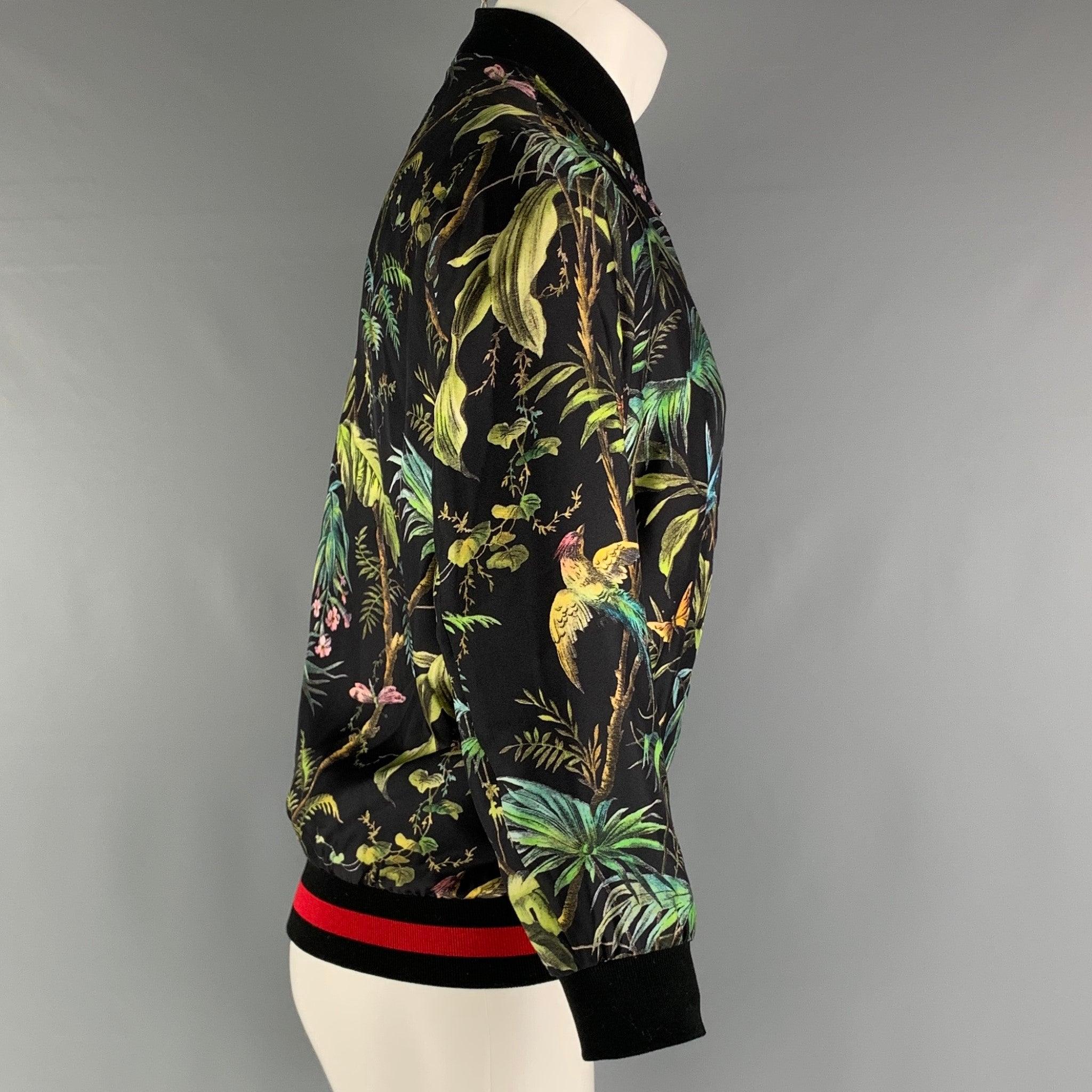 GUCCI Size XS Black Green Forest Jungle Graphic Silk Bomber Jacket In Excellent Condition For Sale In San Francisco, CA