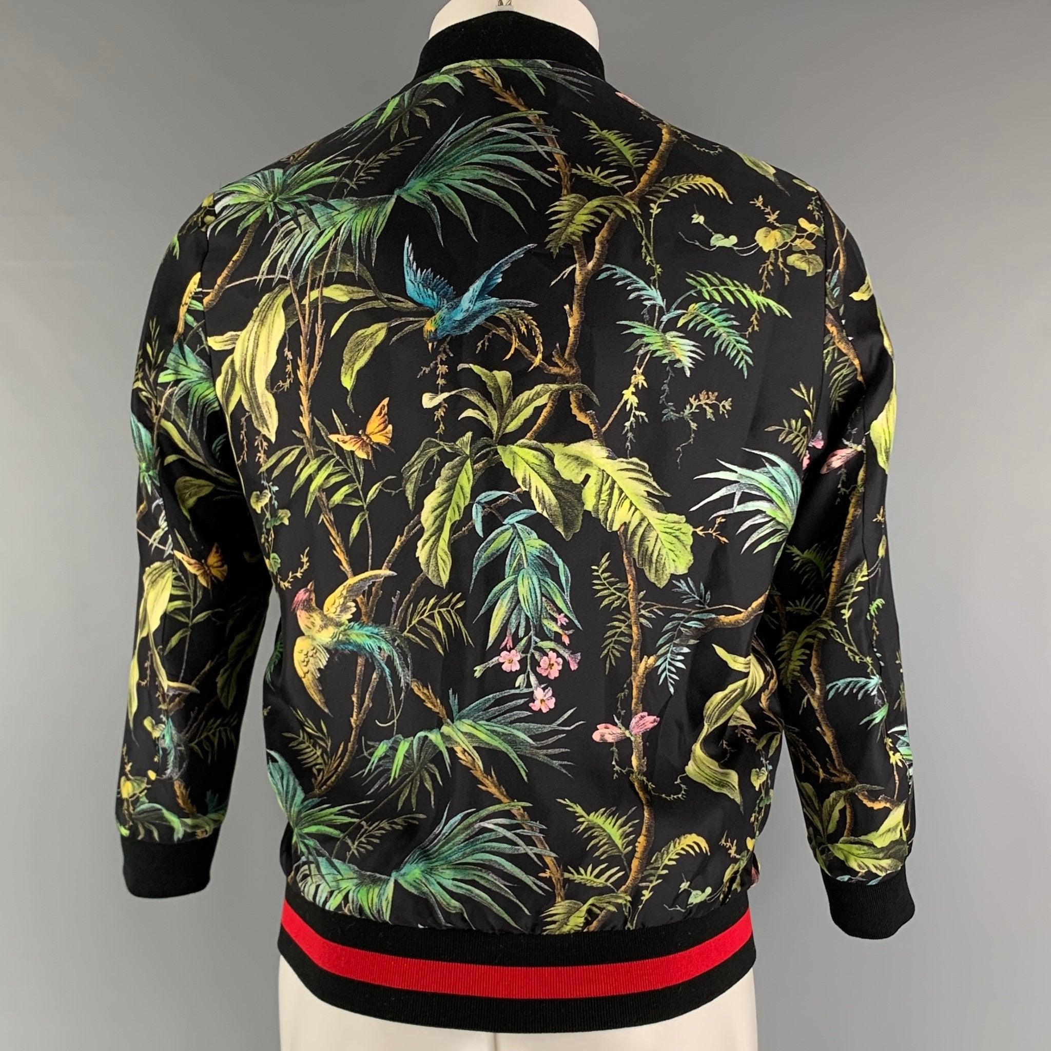 Men's GUCCI Size XS Black Green Forest Jungle Graphic Silk Bomber Jacket For Sale