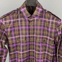 GUCCI Size XS Brown & Purple Plaid Cotton Patch Pockets Long Sleeve Shirt