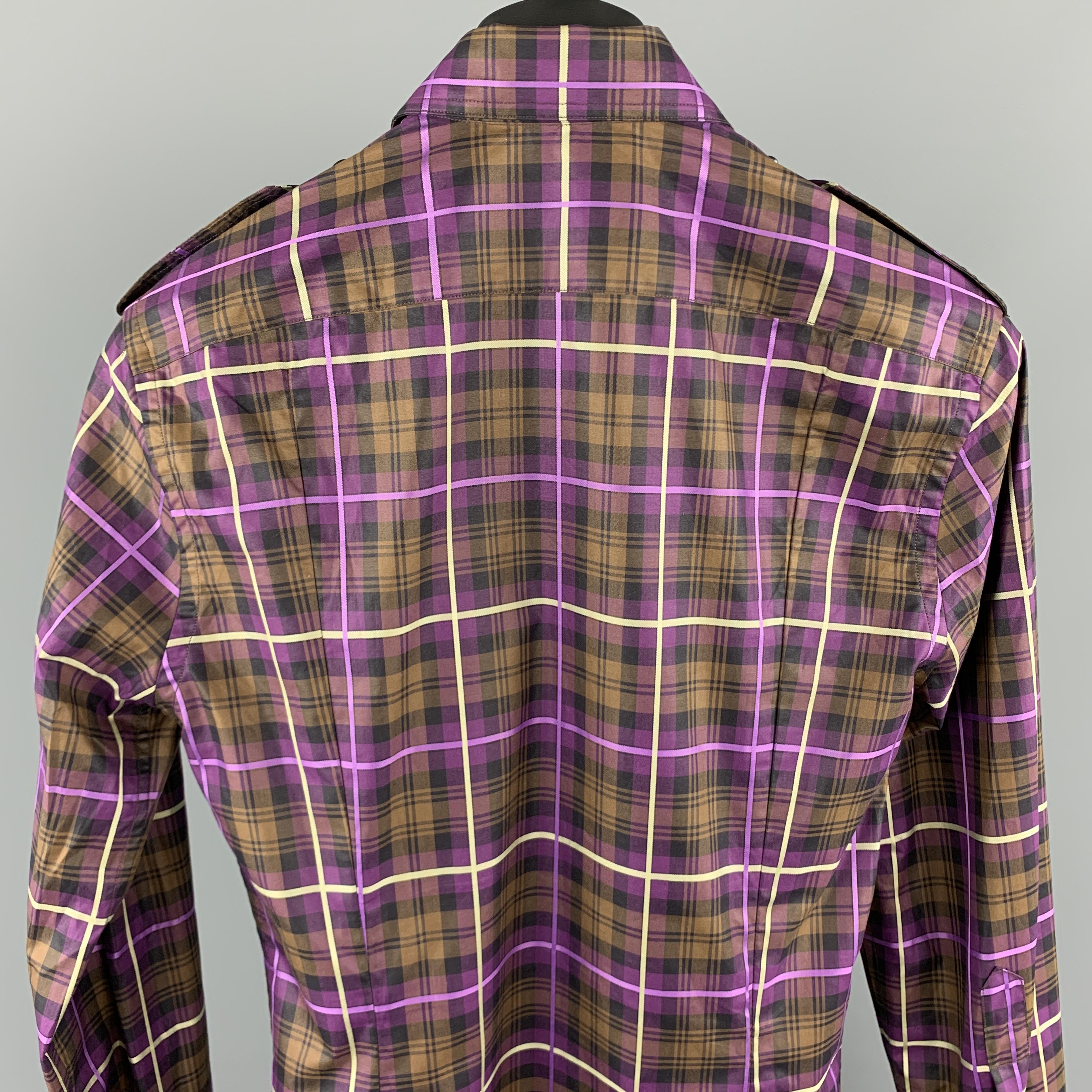 Black GUCCI Size XS Brown & Purple Plaid Cotton Patch Pockets Long Sleeve Shirt
