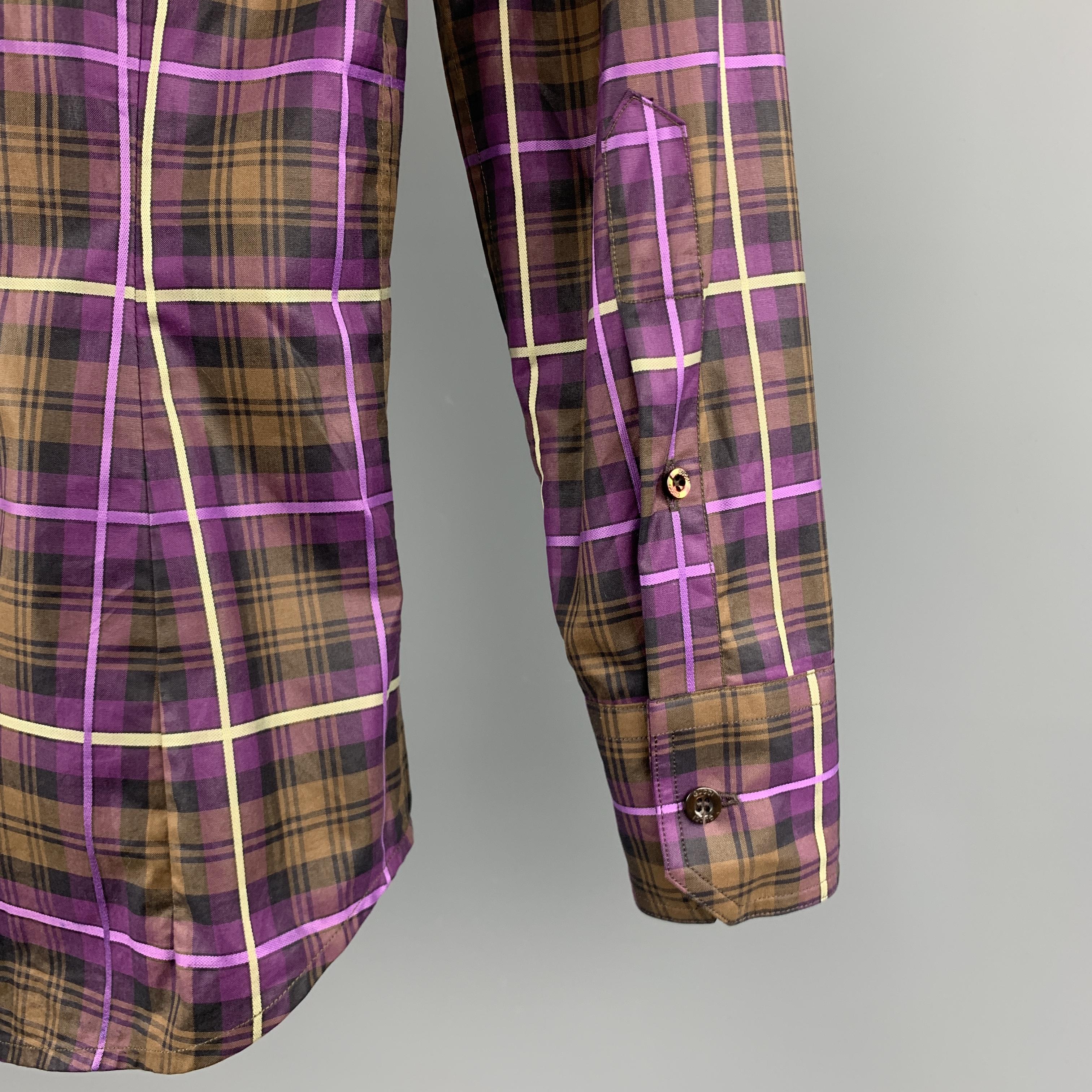 GUCCI Size XS Brown & Purple Plaid Cotton Patch Pockets Long Sleeve Shirt In Excellent Condition In San Francisco, CA