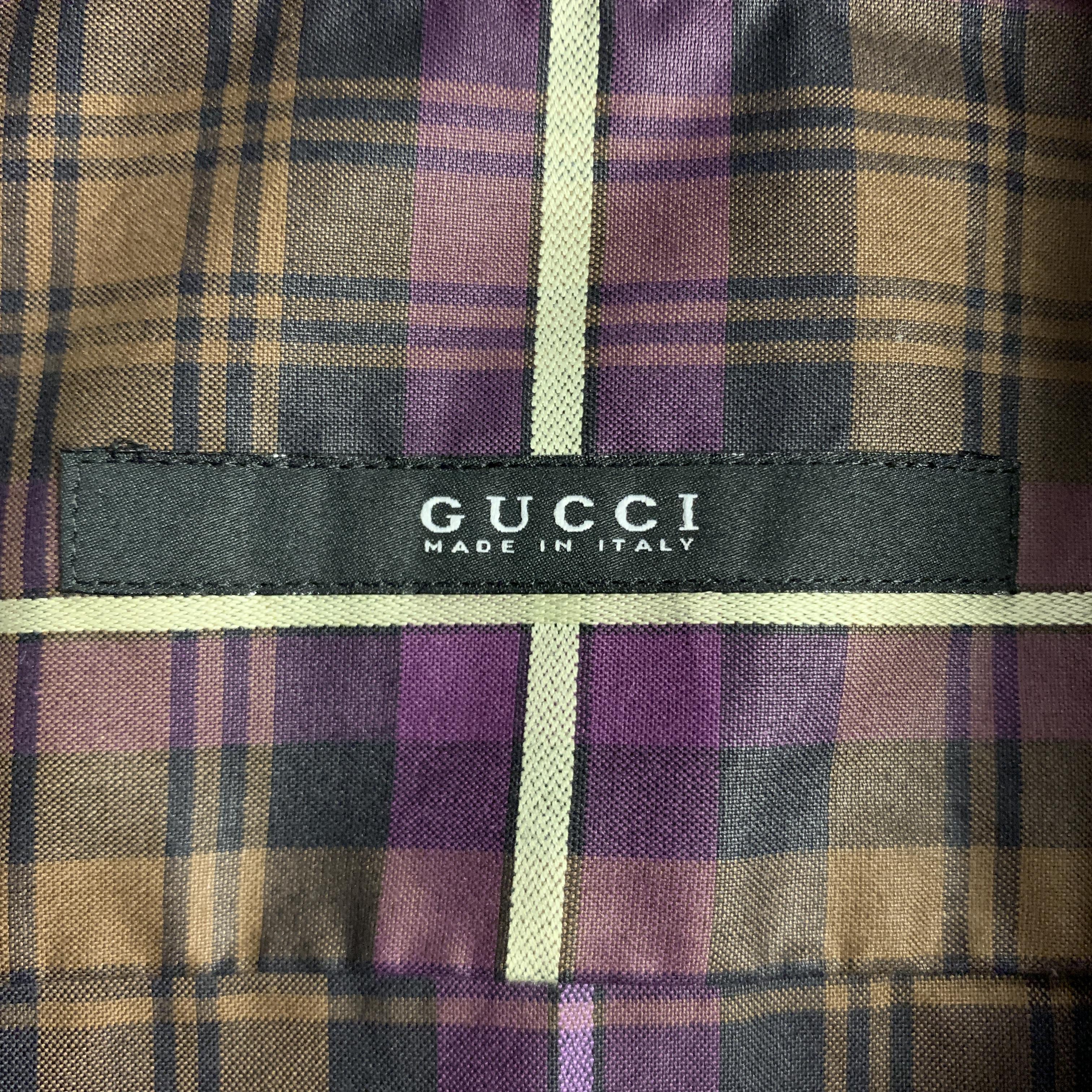 Men's GUCCI Size XS Brown & Purple Plaid Cotton Patch Pockets Long Sleeve Shirt