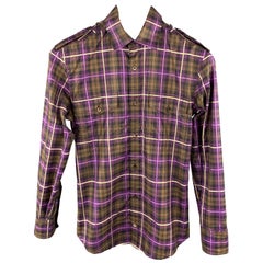 GUCCI Size XS Brown & Purple Plaid Cotton Patch Pockets Long Sleeve Shirt