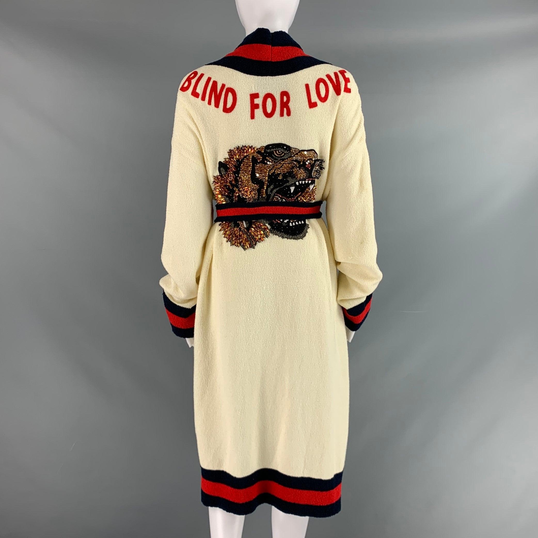 Beige GUCCI Size XS Cream Red & Blue Beaded Terry Belted Robe