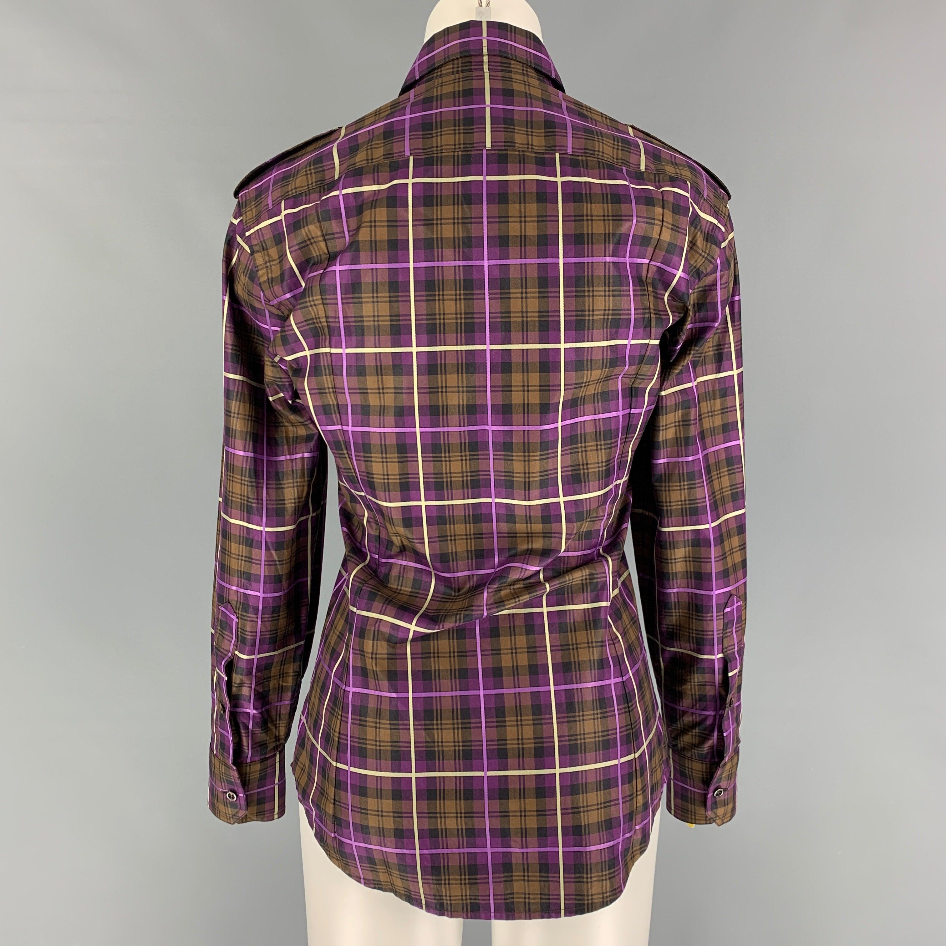 GUCCI Size XS Purple Brown Plaid Button Up Long Sleeve Shirt In Good Condition For Sale In San Francisco, CA