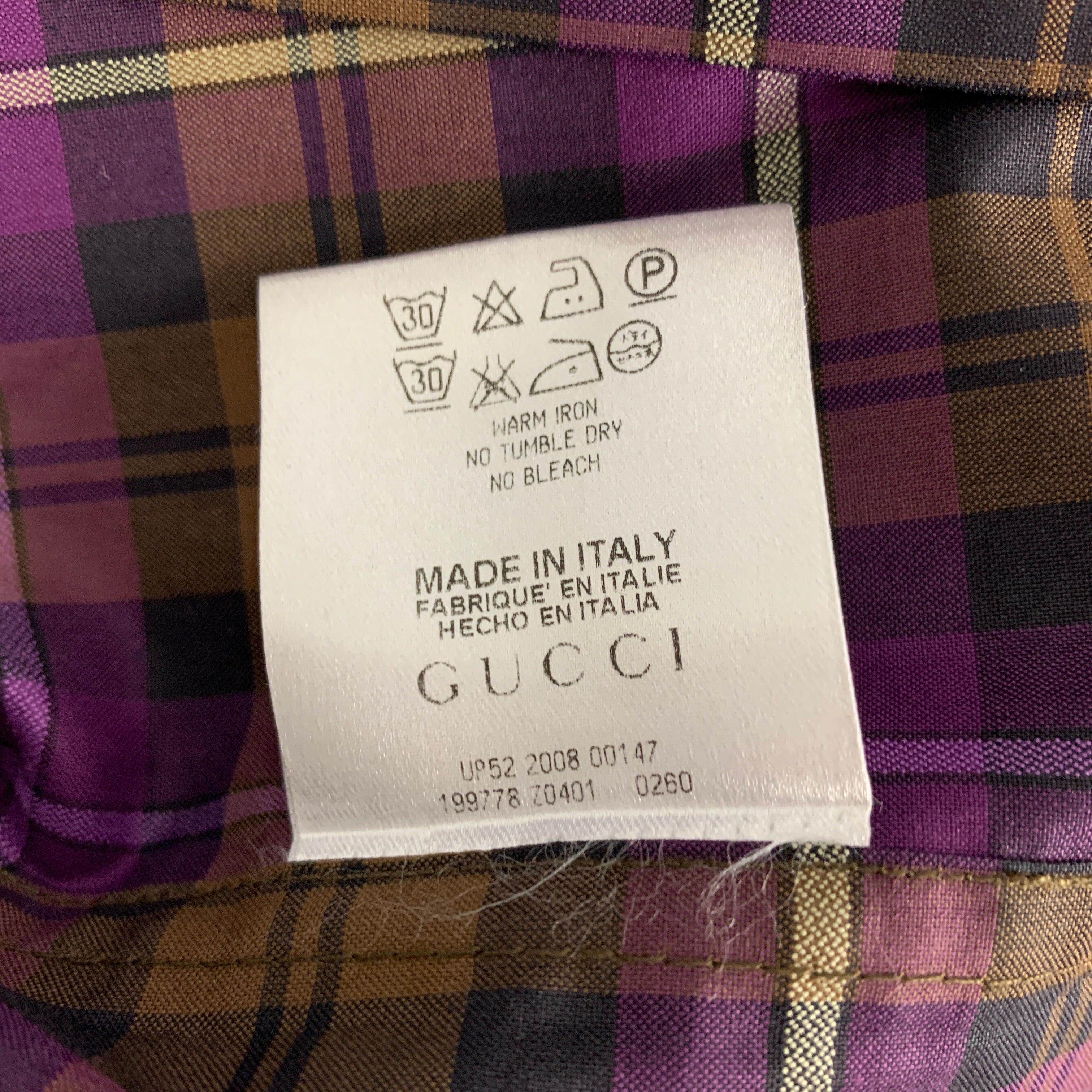 Men's GUCCI Size XS Purple Brown Plaid Button Up Long Sleeve Shirt For Sale