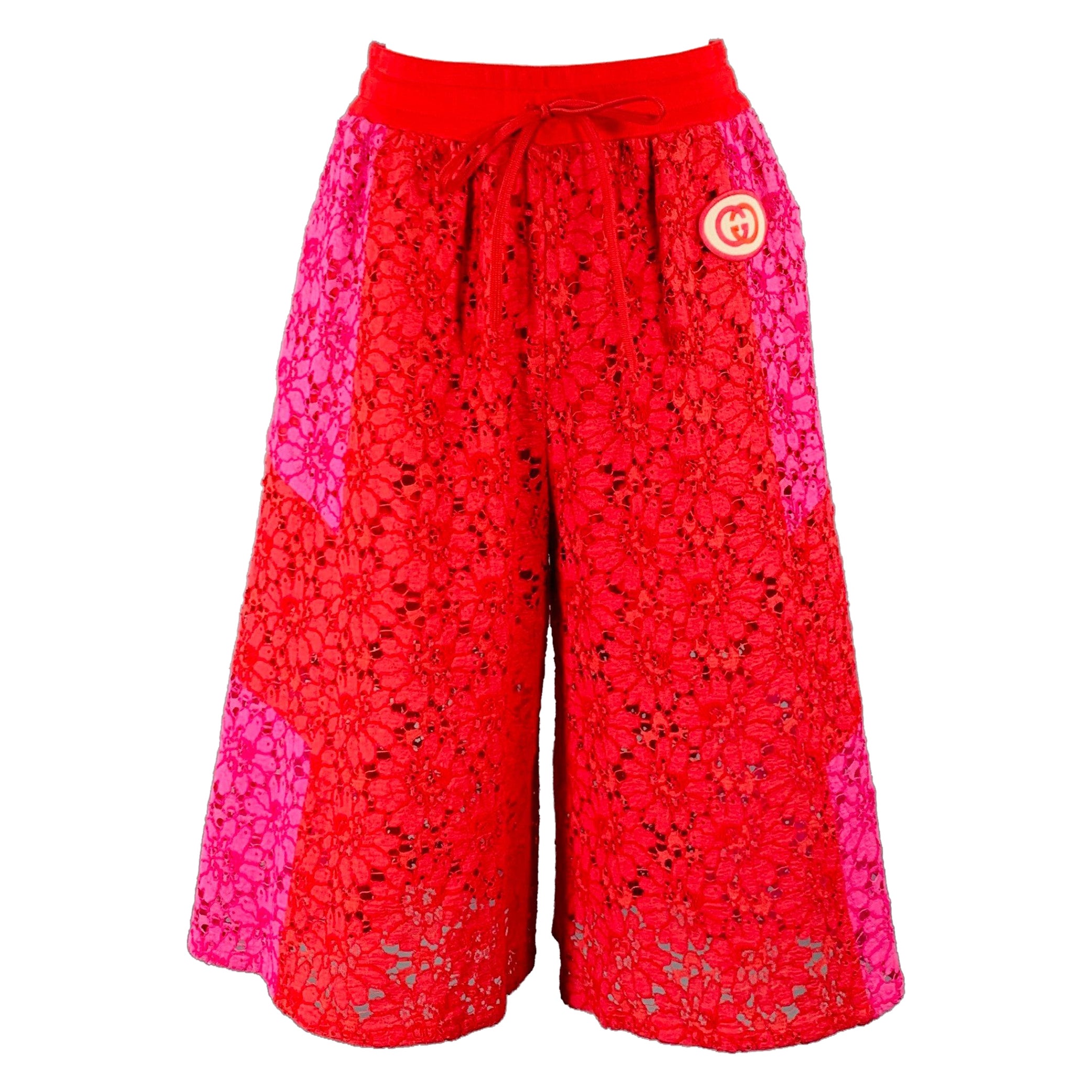 GUCCI Size XS Red Pink Viscose Floral Lace Drawstring Shorts