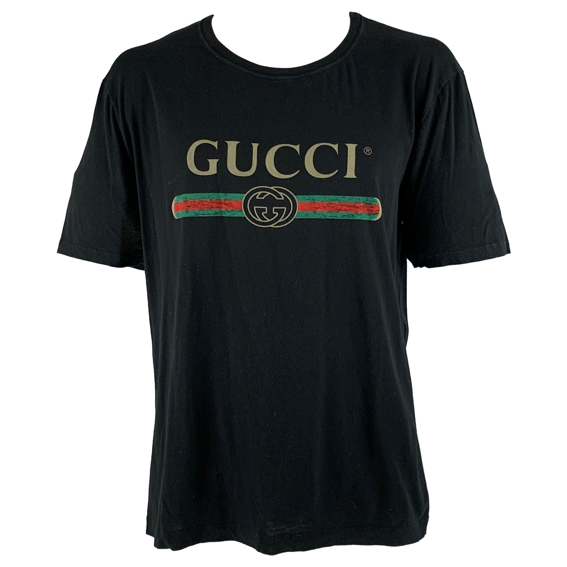 GUCCI Size XXL Black Logo Cotton Crew-Neck T-shirt