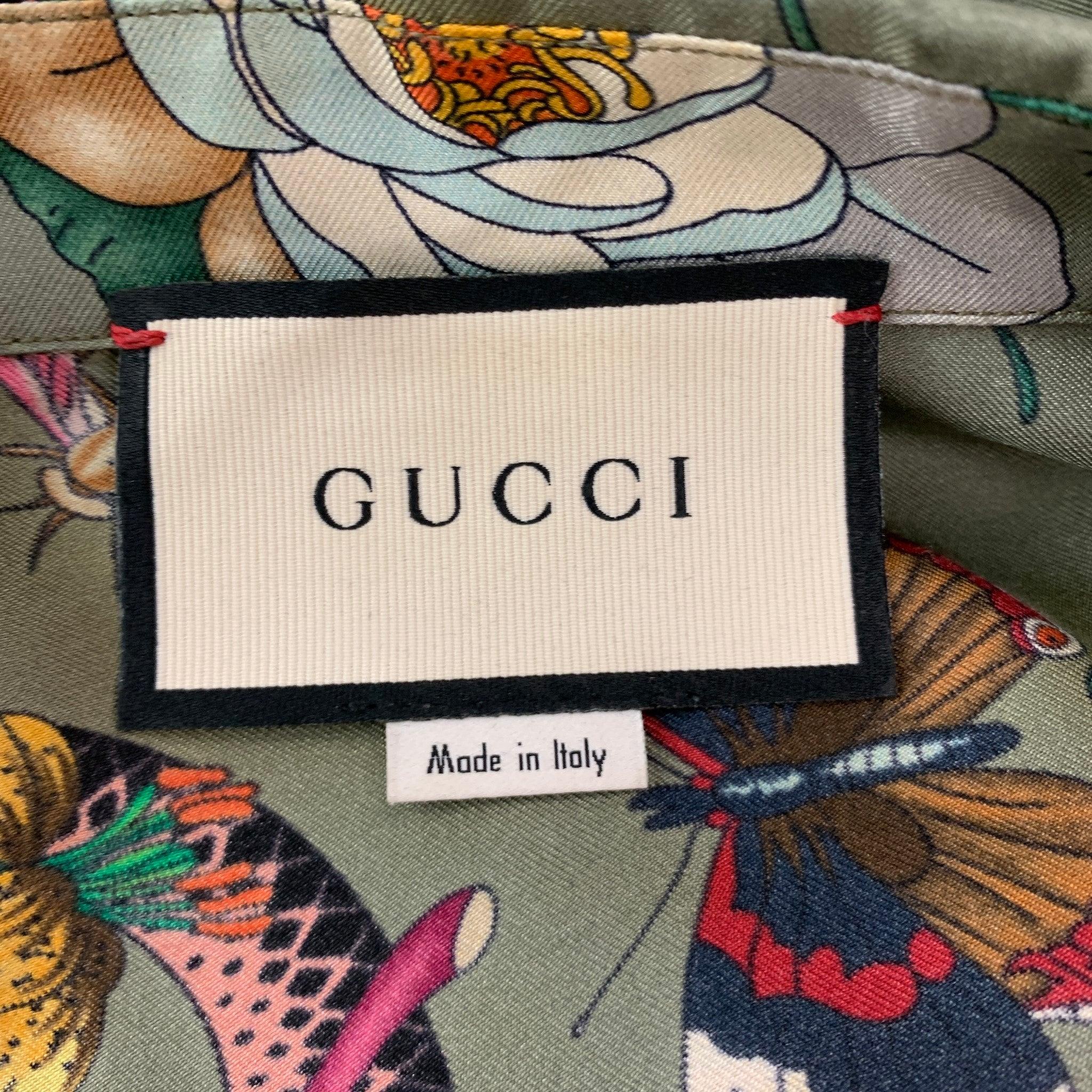 GUCCI Size XXL Green Multi-Color Print Silk Camp Short Sleeve Shirt For Sale 3