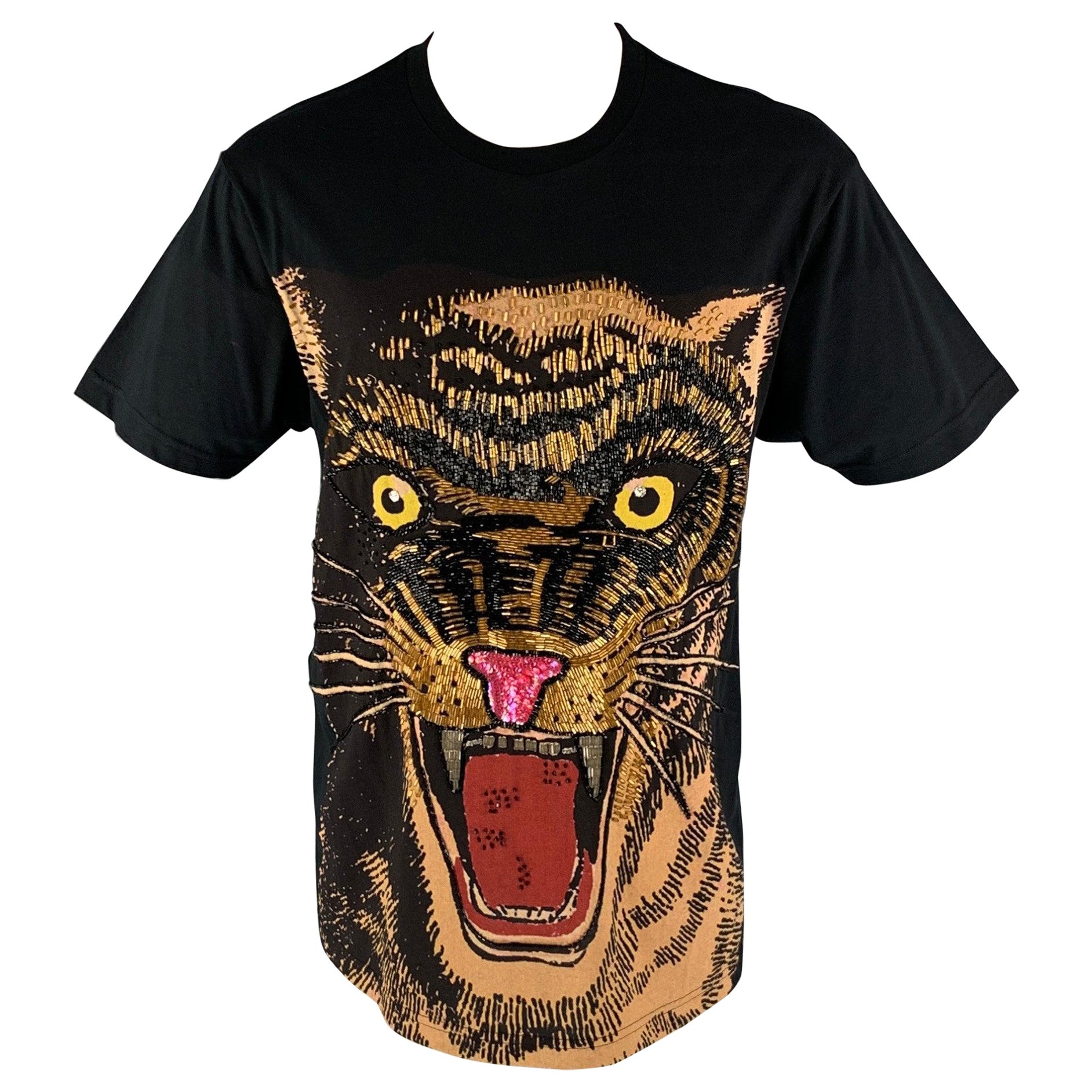 Gucci Size XXS T-shirt à col ras du cou en coton brodé d'or noir en vente