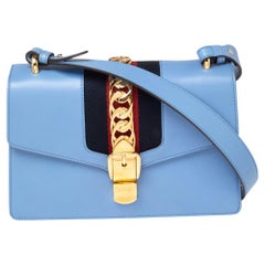 Gucci Sky Blue Leather Small Web Chain Sylvie Shoulder Bag