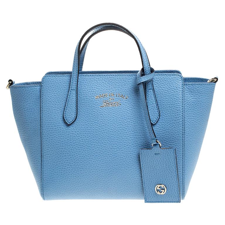 Gucci Sky Blue Pebbled Calfskin Leather Mini Swing Tote For Sale at 1stDibs