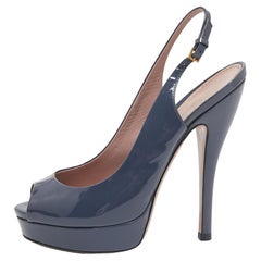 Gucci Slate Grey Patent Leather Peep-Toe Platform Slingback Sandals Size 35.5