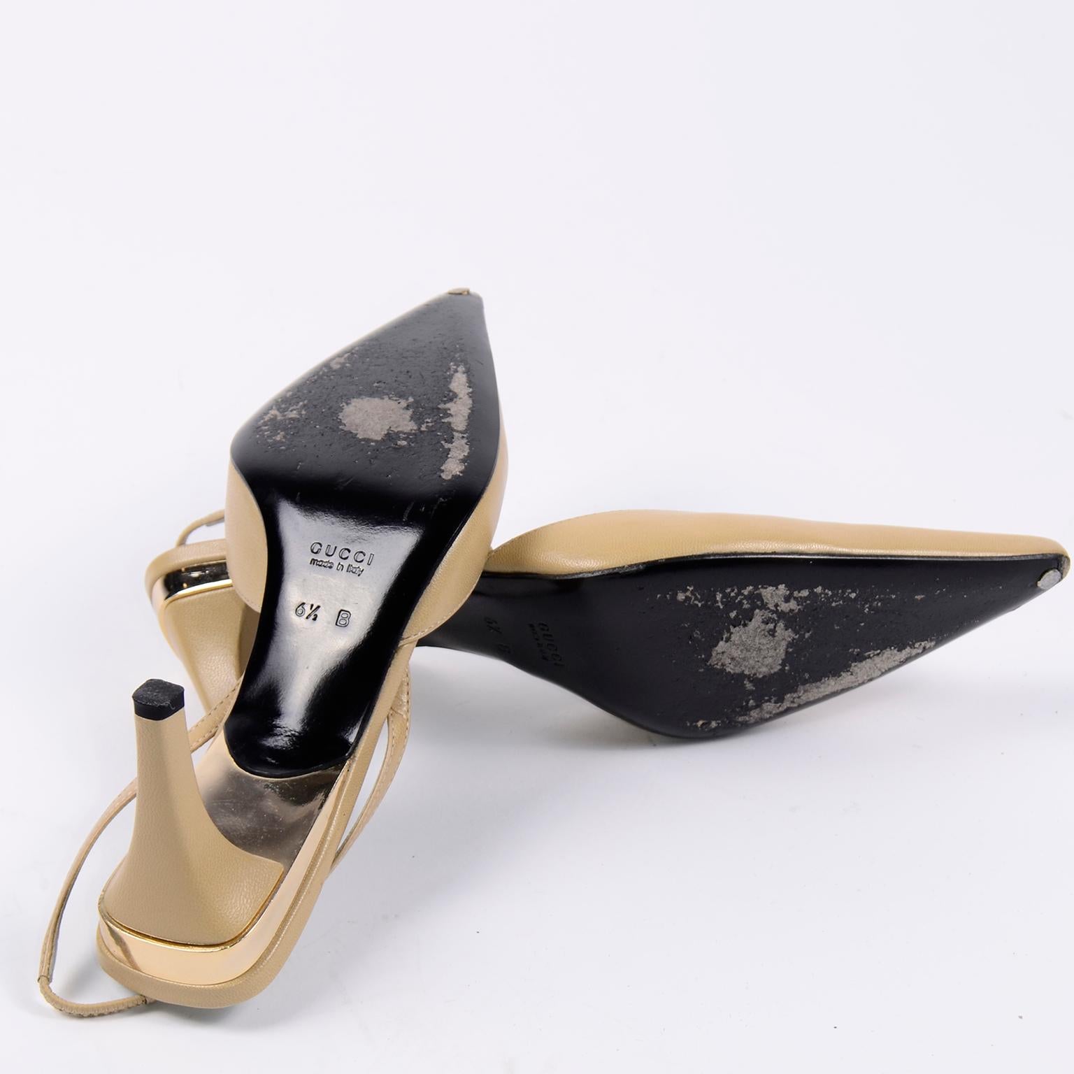 Gucci Slingback Beige Tan Heels With Gold Bands For Sale 3