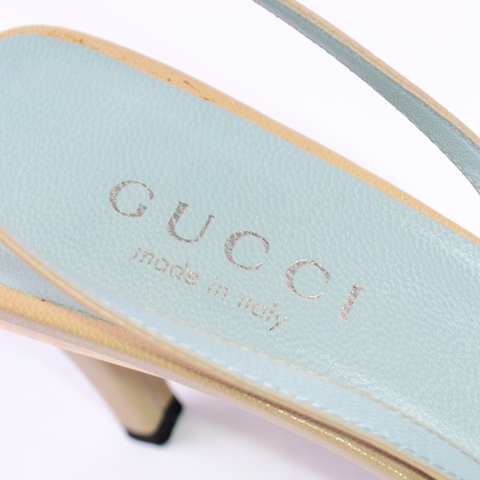 Gucci Slingback Beige Tan Heels With Gold Bands For Sale 4
