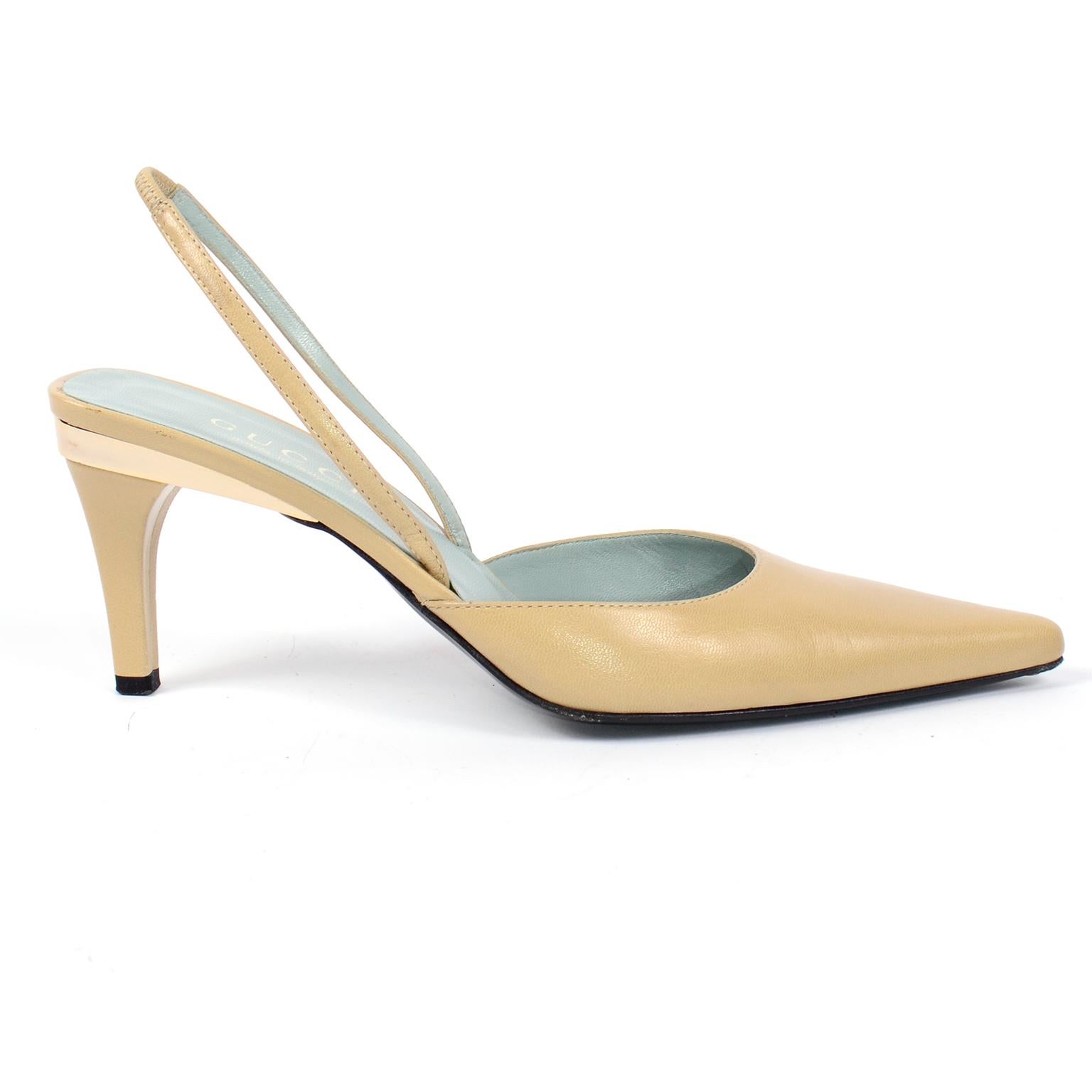 Women's Gucci Slingback Beige Tan Heels With Gold Bands For Sale