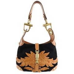 Gucci Small Black Canvas and Brown Tooled Leather New Jackie Bag