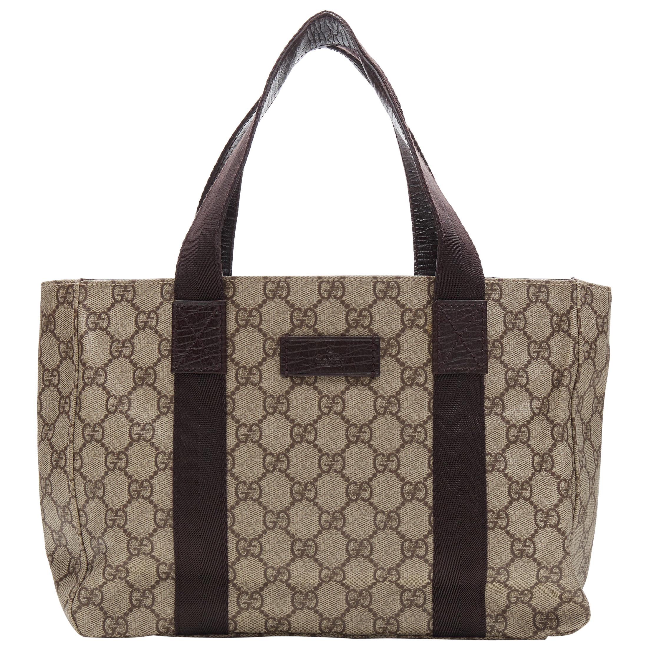 GUCCI Small GG Plus brown coated canvas monogram leather nylon handle tote bag
