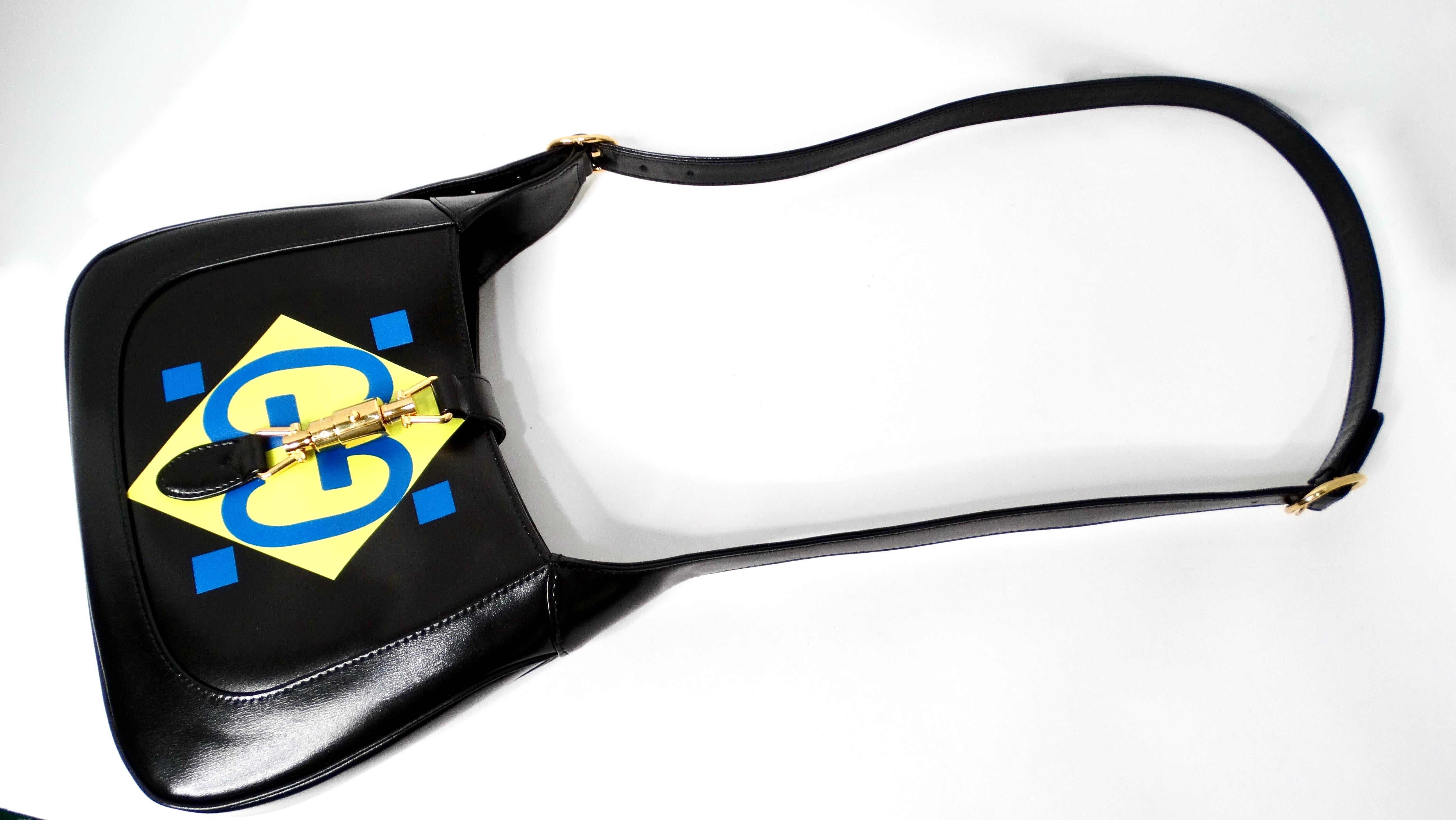 Gucci Small Jackie 1961 Black Calfskin Multicolor Geometric Logo Print Hobo Bag In Good Condition For Sale In Scottsdale, AZ