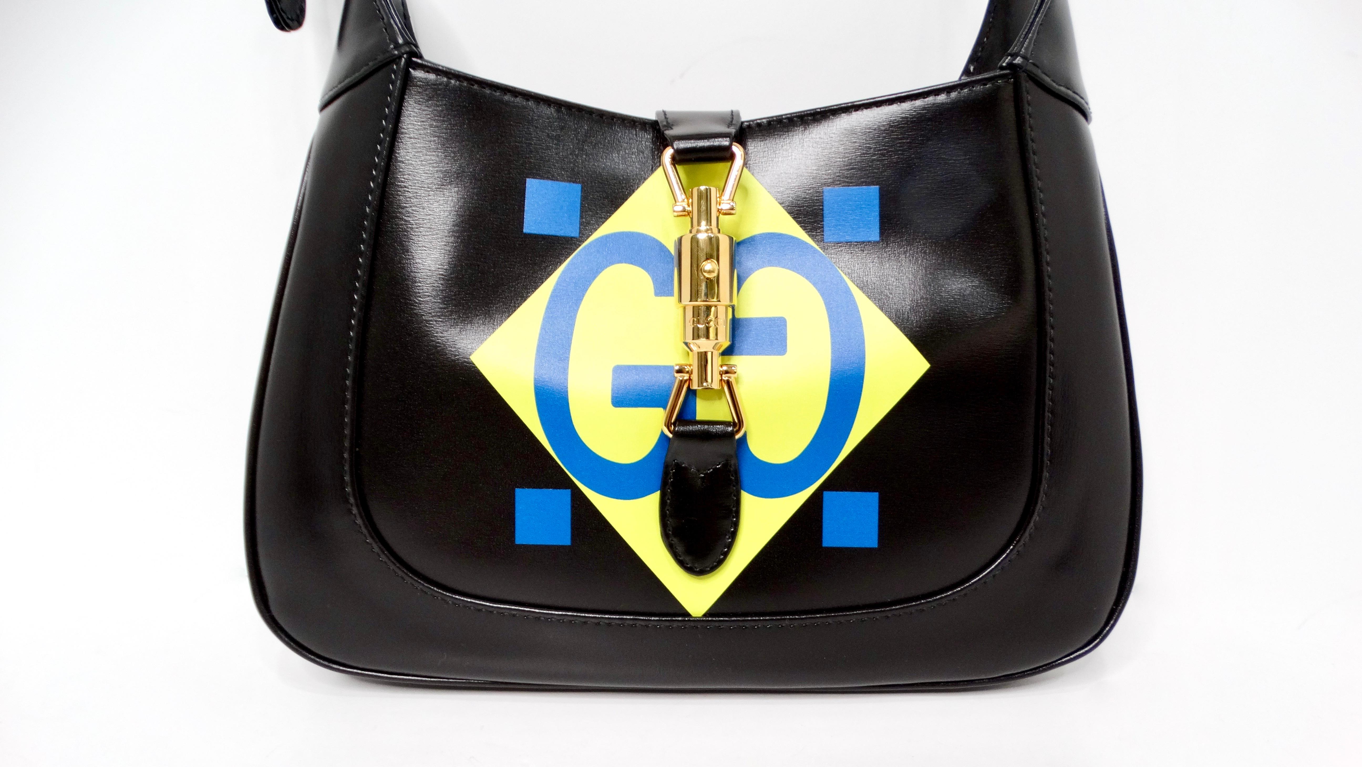 Women's Gucci Small Jackie 1961 Black Calfskin Multicolor Geometric Logo Print Hobo Bag For Sale