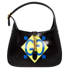 Gucci Small Jackie 1961 Black Calfskin Multicolor Geometric Logo Print Hobo Bag