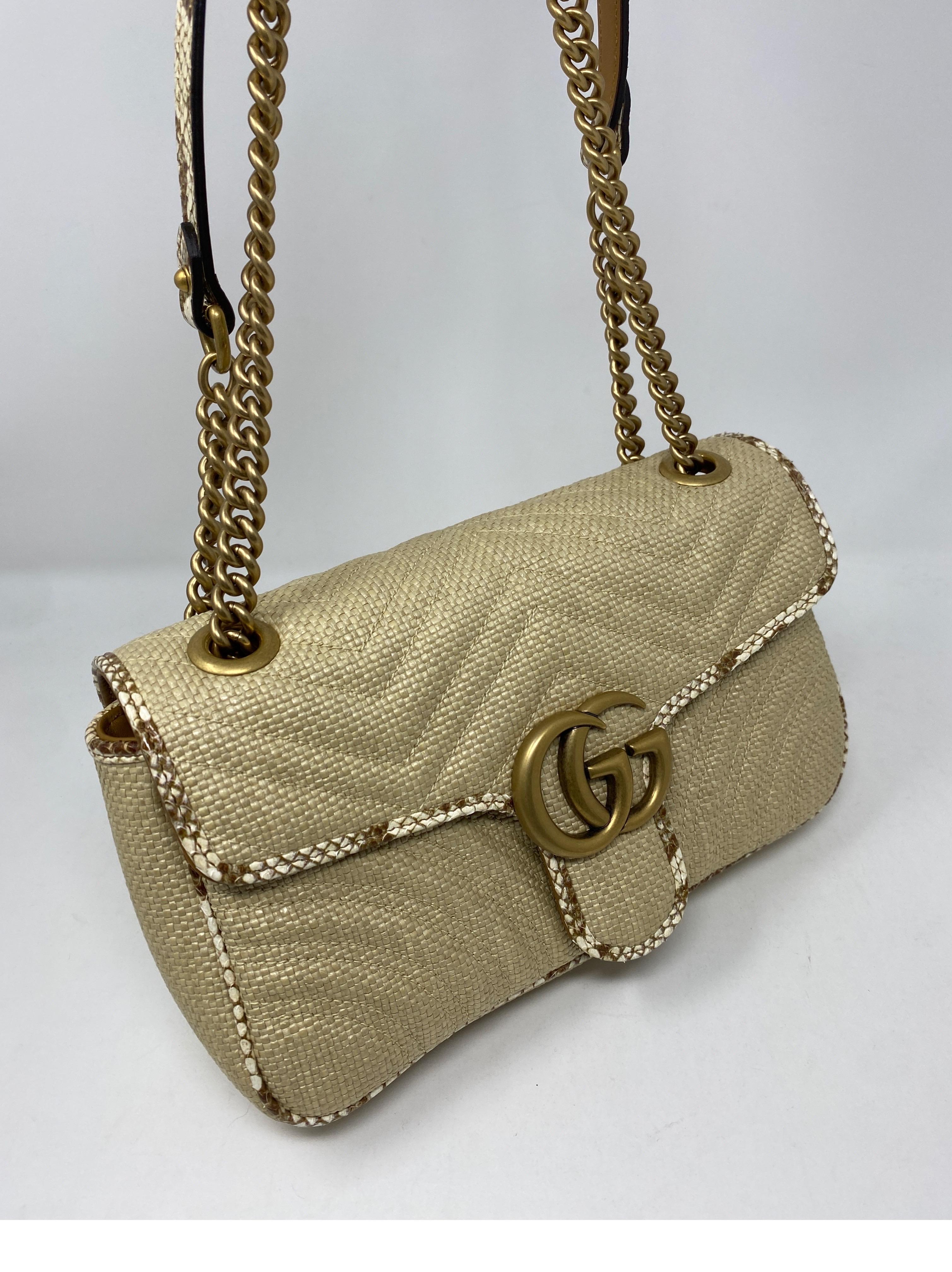 Brown Gucci Small Marmont Straw Floral Interior Bag