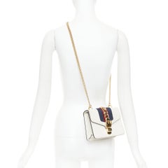 GUCCI Small Sylvie white calf leather navy red web stripe chain shoulder bag