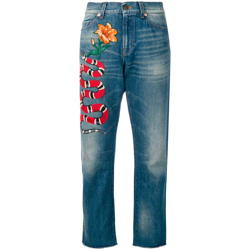 Gucci Snake and Flower Cropped Jeans at | snake gucci jeans snake, gucci trousers