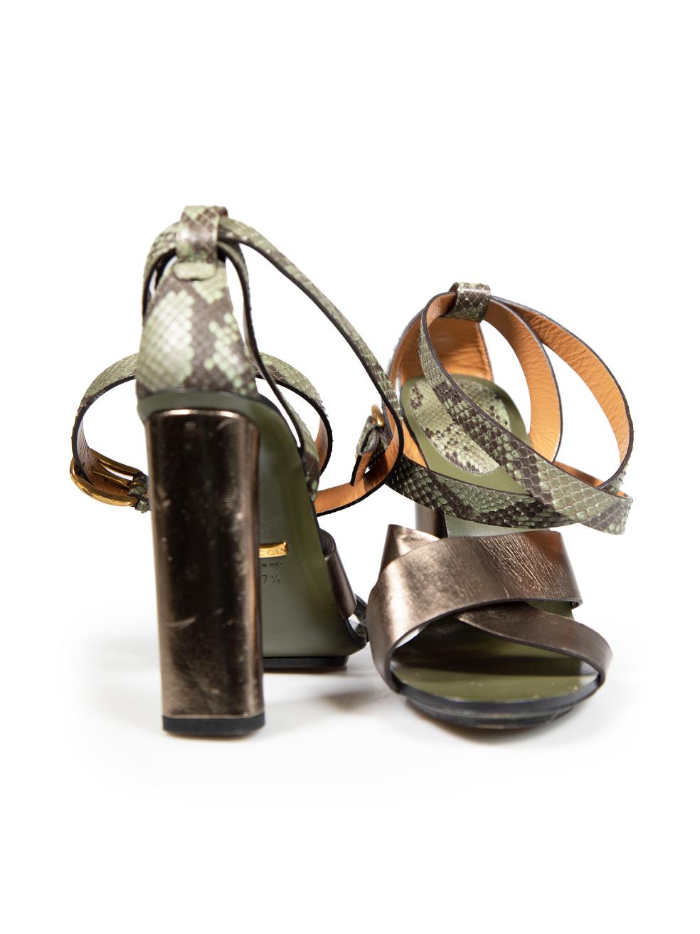Marron Gucci - Talons à lanières métalliques en cuir de serpent, taille IT 37,5 en vente