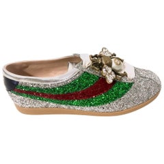 Gucci Sneaker Shoes in Silver Glittery Leather, 2017