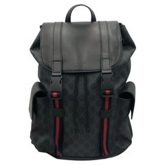 Gucci Soft GG Supreme Black Canvas Leather Web Double Buckle Backpack