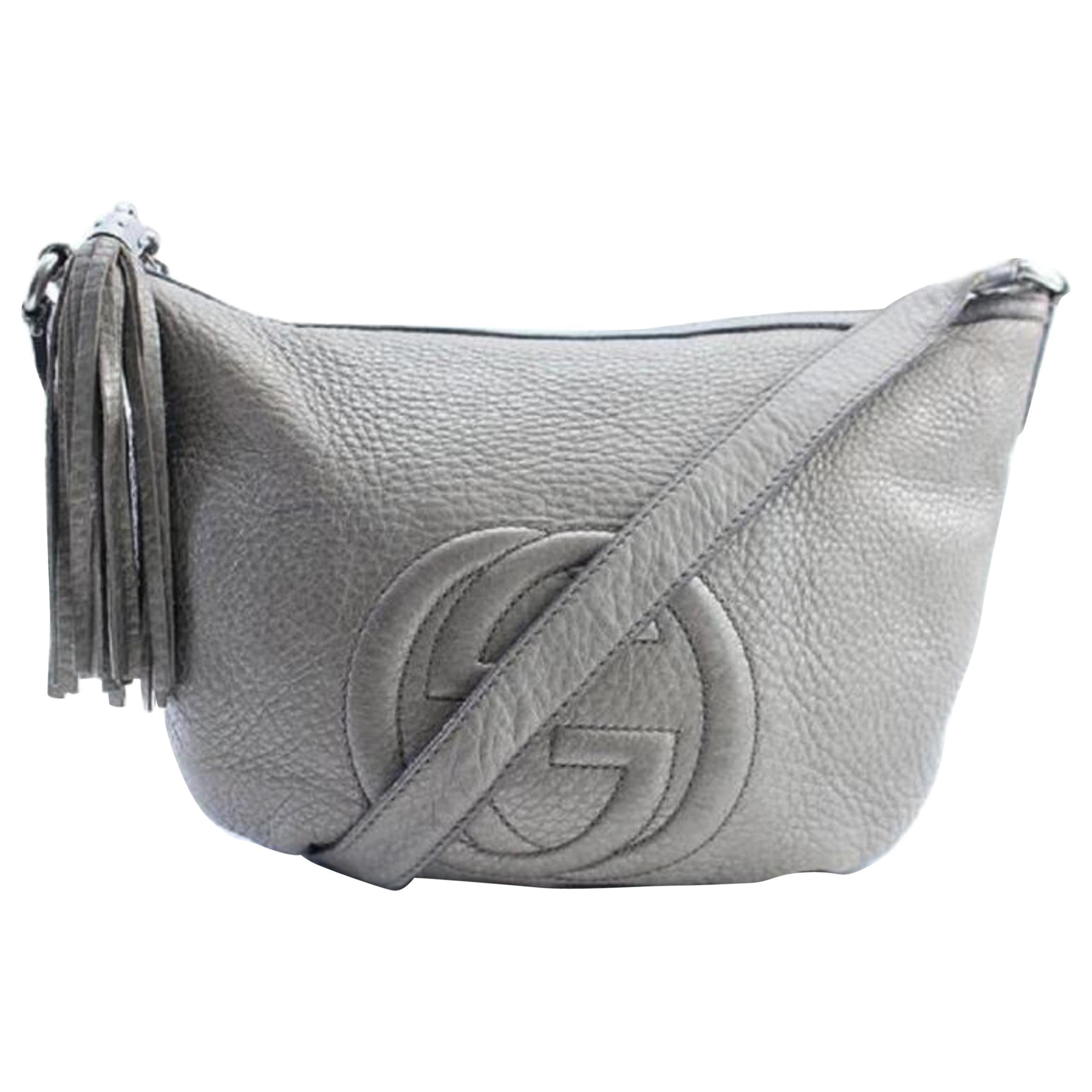 Gucci Soho 223249 Silver Pebbled Leather Messenger Bag For Sale at 1stDibs