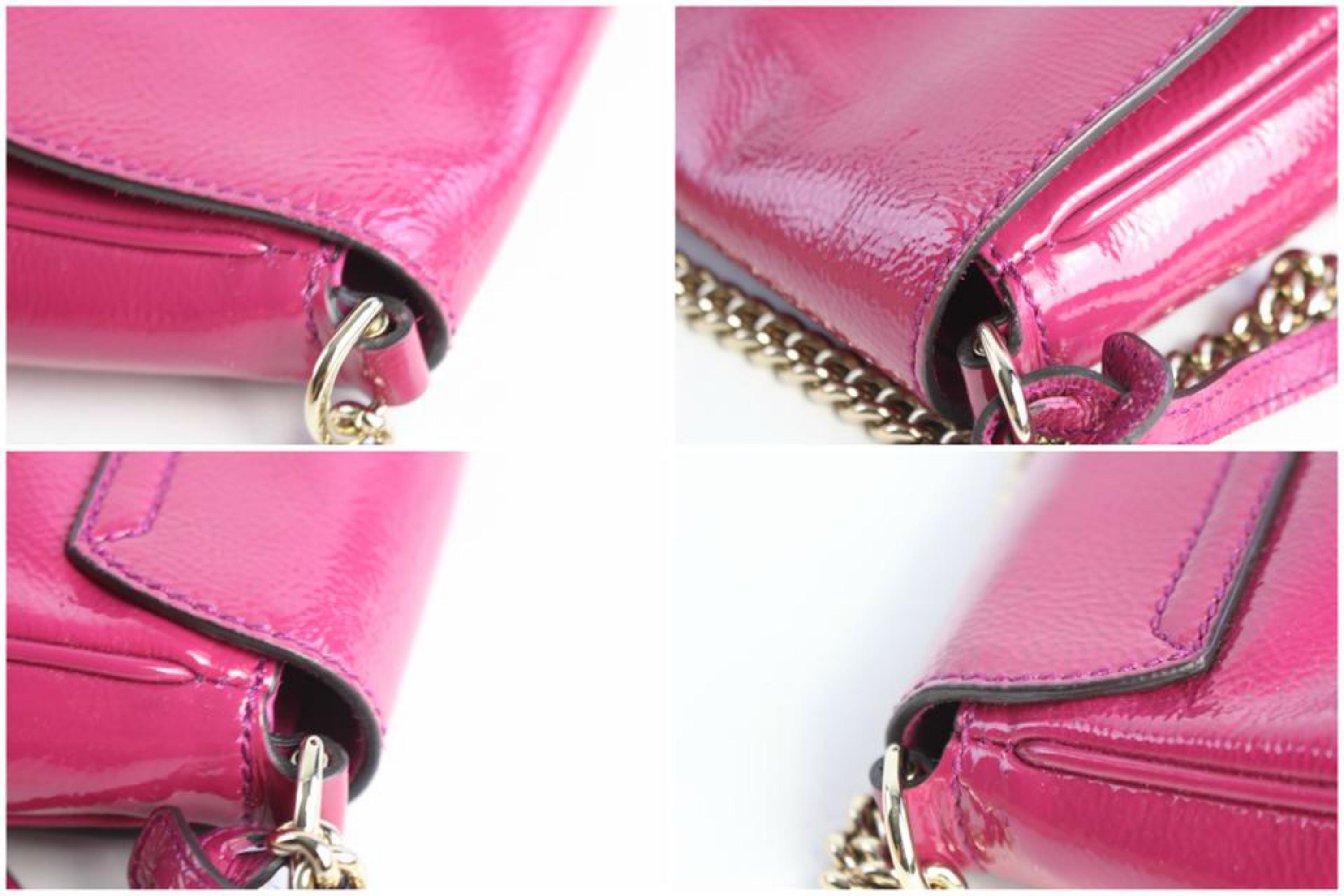 Women's Gucci Soho Chain Flap 7gz0828 Fuchisa Patent Leather Cross Body Bag For Sale
