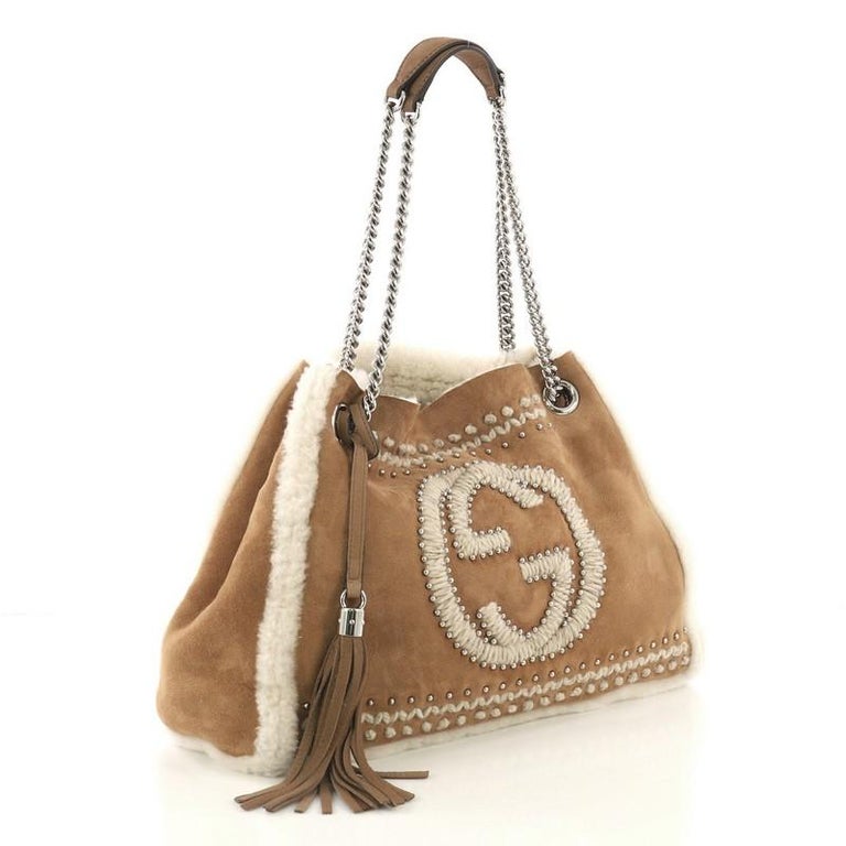 Gucci Soho Chain Strap Shoulder Bag Studded Suede with Shearling Medium ...