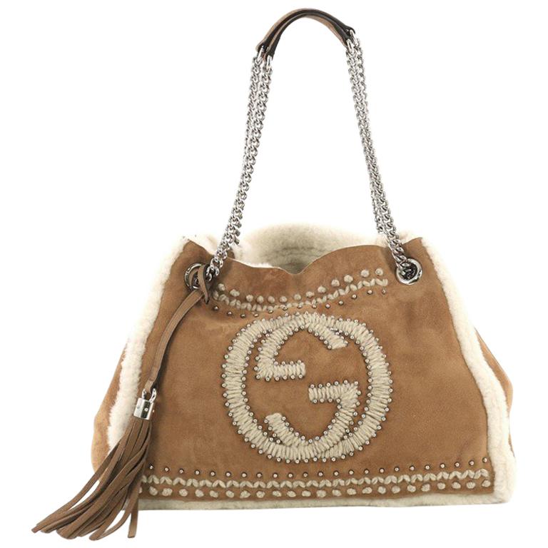 Gucci Soho Chain Strap Shoulder Bag Studded Suede with Shearling Medium