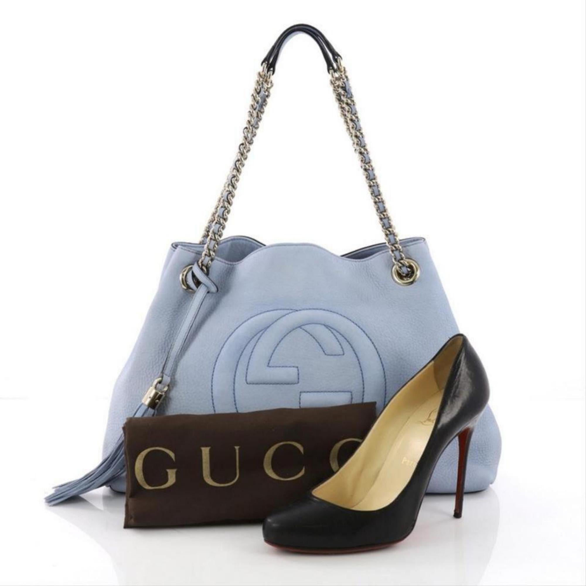 Gray Gucci Soho Fringe Tassel Chain Tote 869083 Light Blue Leather Shoulder Bag For Sale