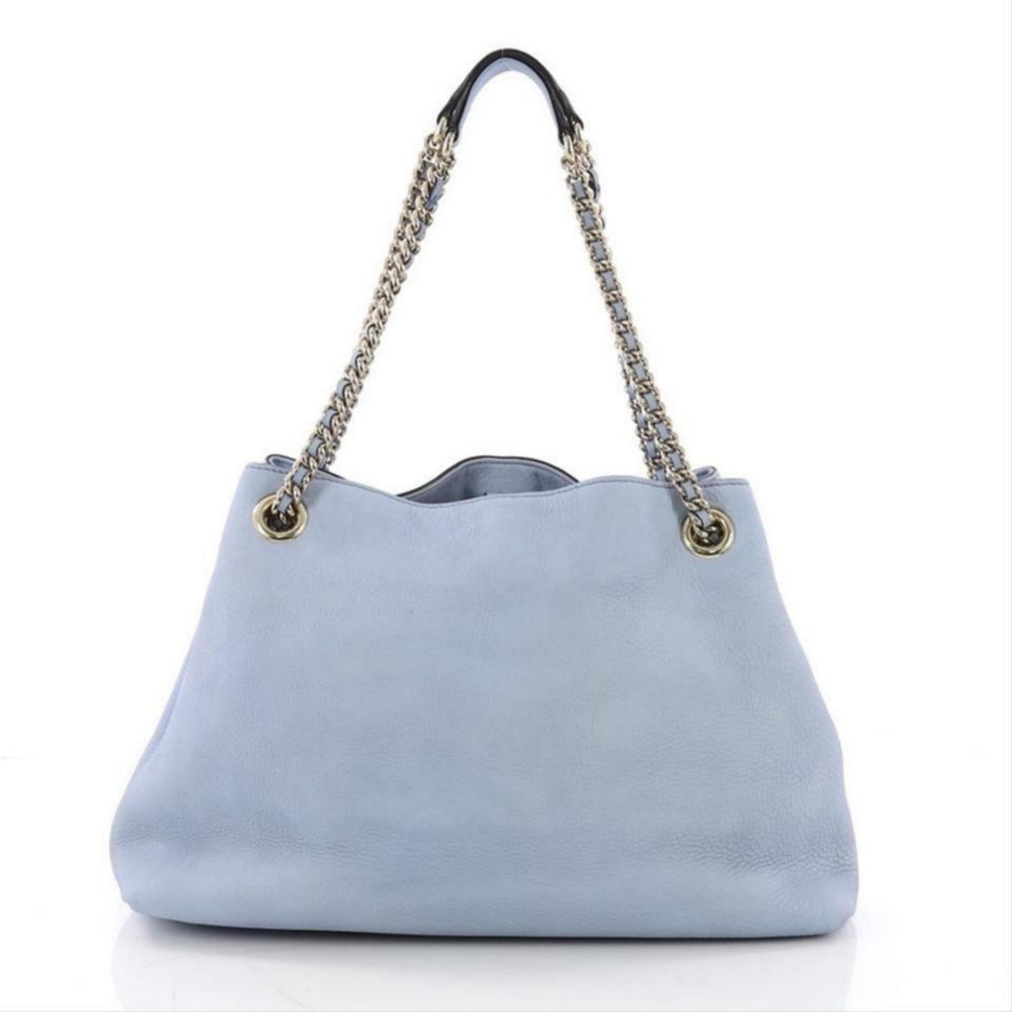 Women's Gucci Soho Fringe Tassel Chain Tote 869083 Light Blue Leather Shoulder Bag For Sale