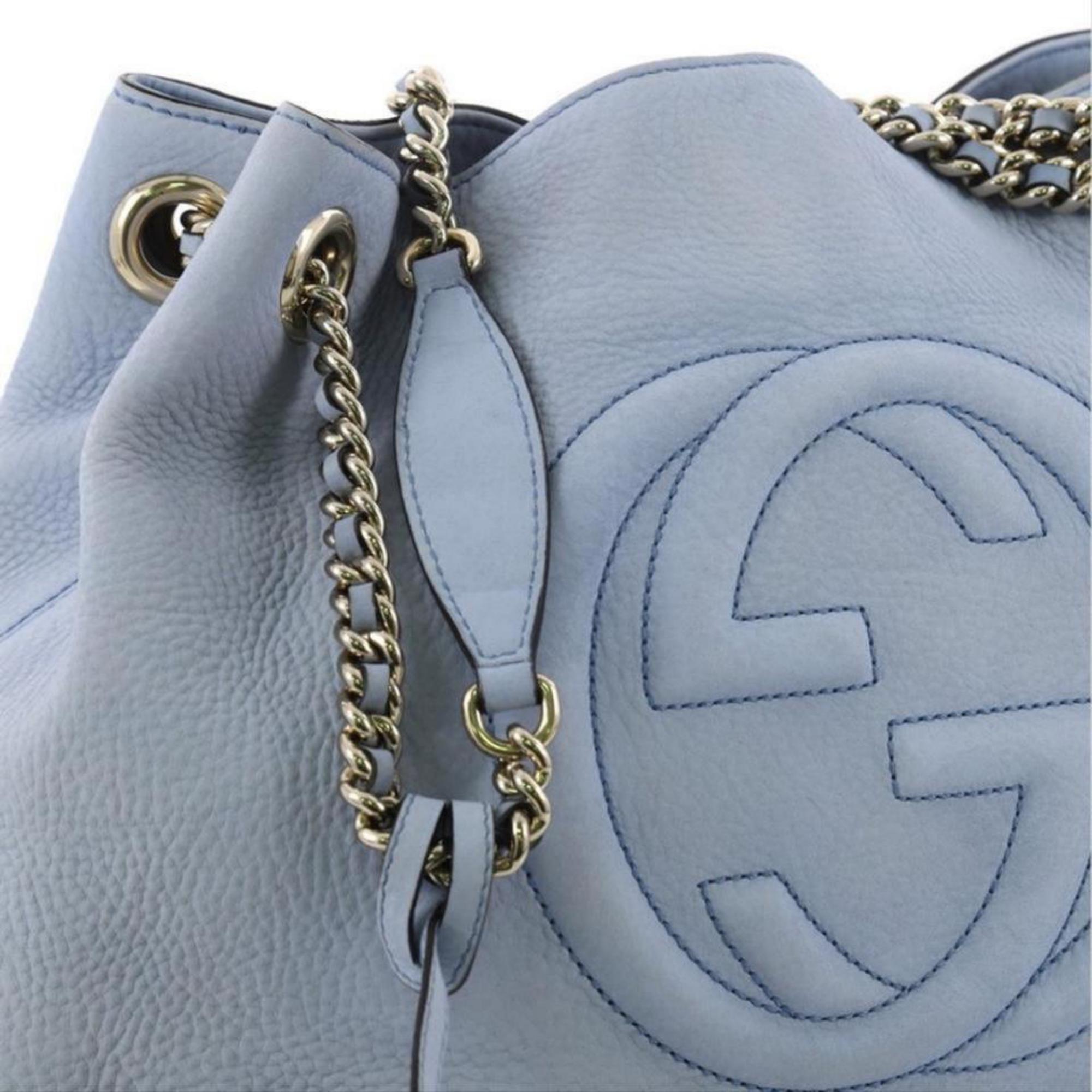 Gucci Soho Fringe Tassel Chain Tote 869083 Light Blue Leather Shoulder Bag For Sale 2
