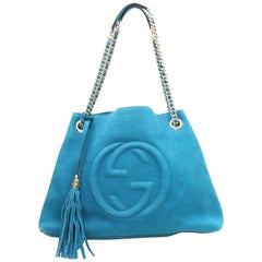 Gucci Soho Fringe Tassel Chain Tote 869786 Blue Nubuck Leather Shoulder Bag