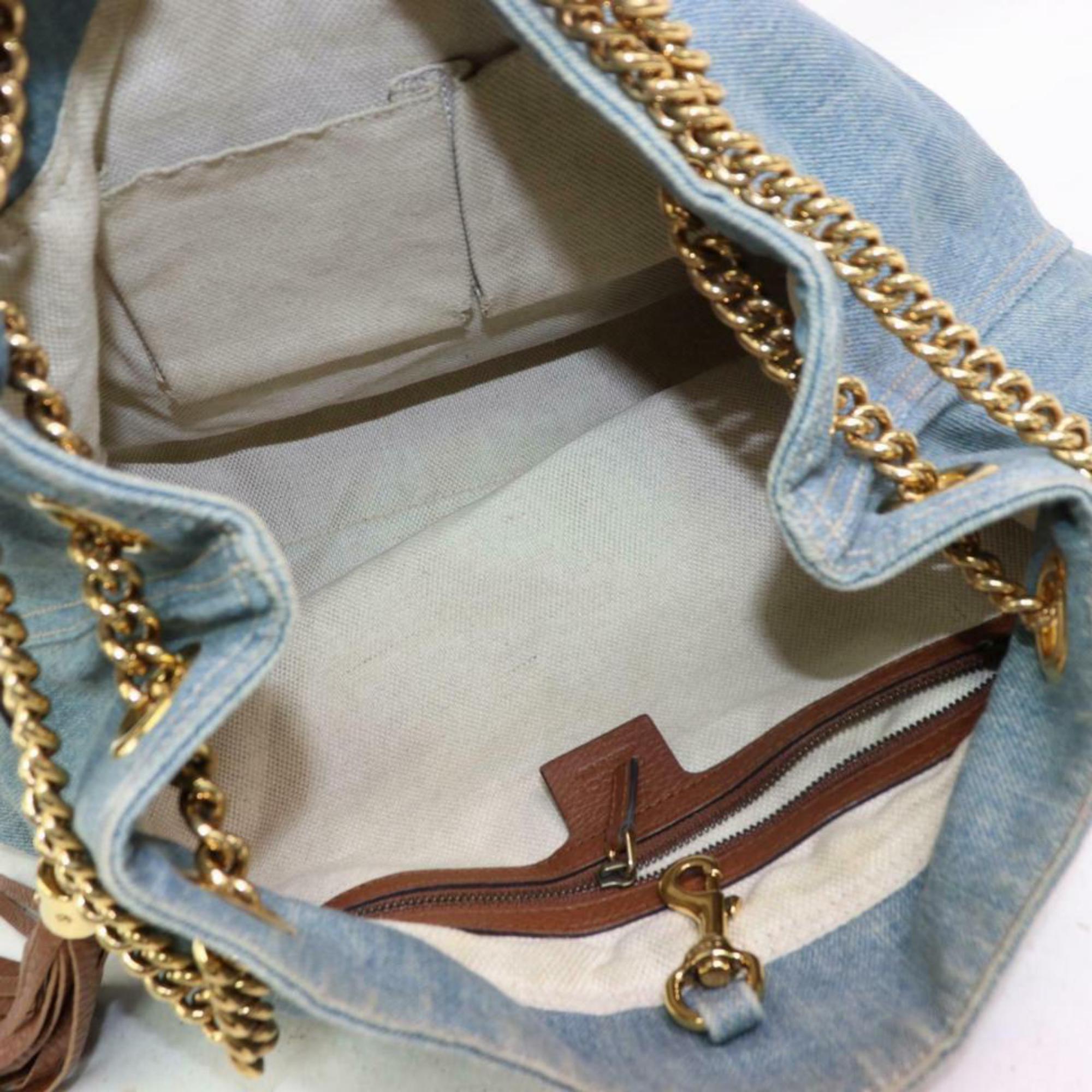 Gray Gucci Soho Fringe Tassel Chain Tote 870323 Blue Denim Shoulder Bag For Sale
