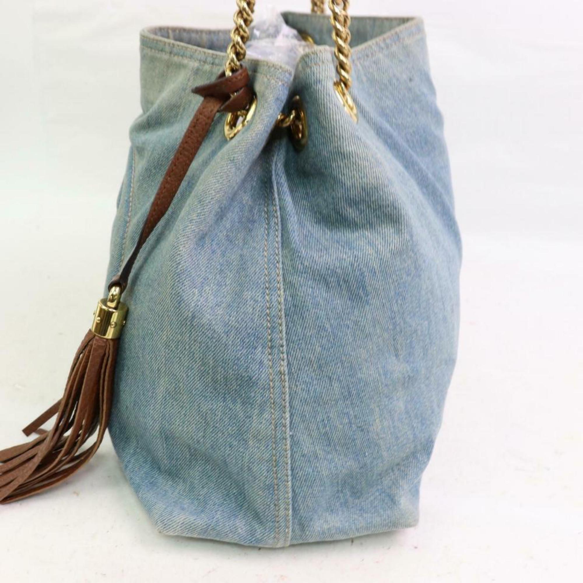 Gucci Soho Fringe Tassel Chain Tote 870323 Blue Denim Shoulder Bag For Sale 3