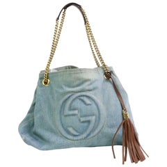 Used Gucci Soho Fringe Tassel Chain Tote 870323 Blue Denim Shoulder Bag