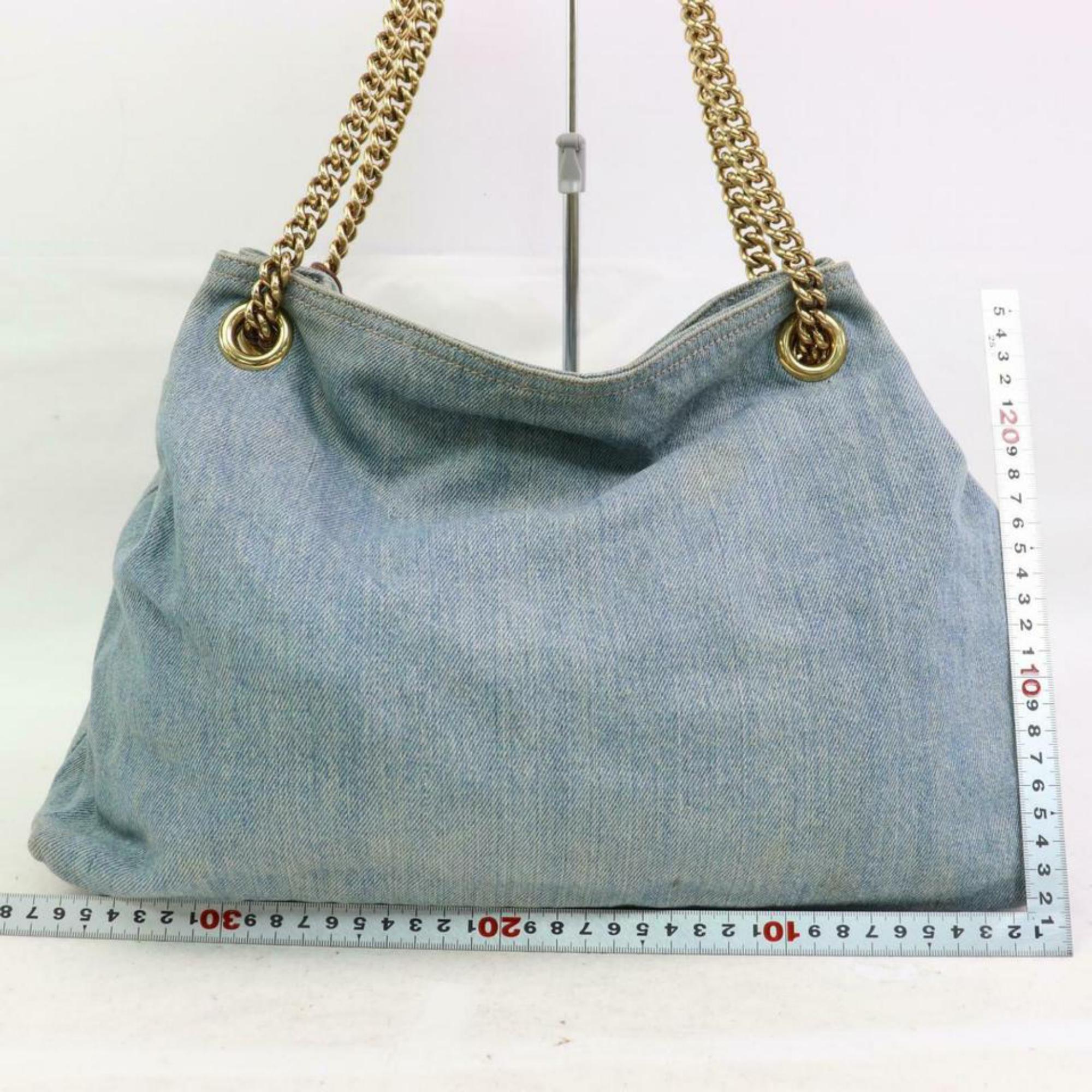 Gray Gucci Soho Fringe Tassel Chain Tote 870373 Blue Denim Shoulder Bag For Sale