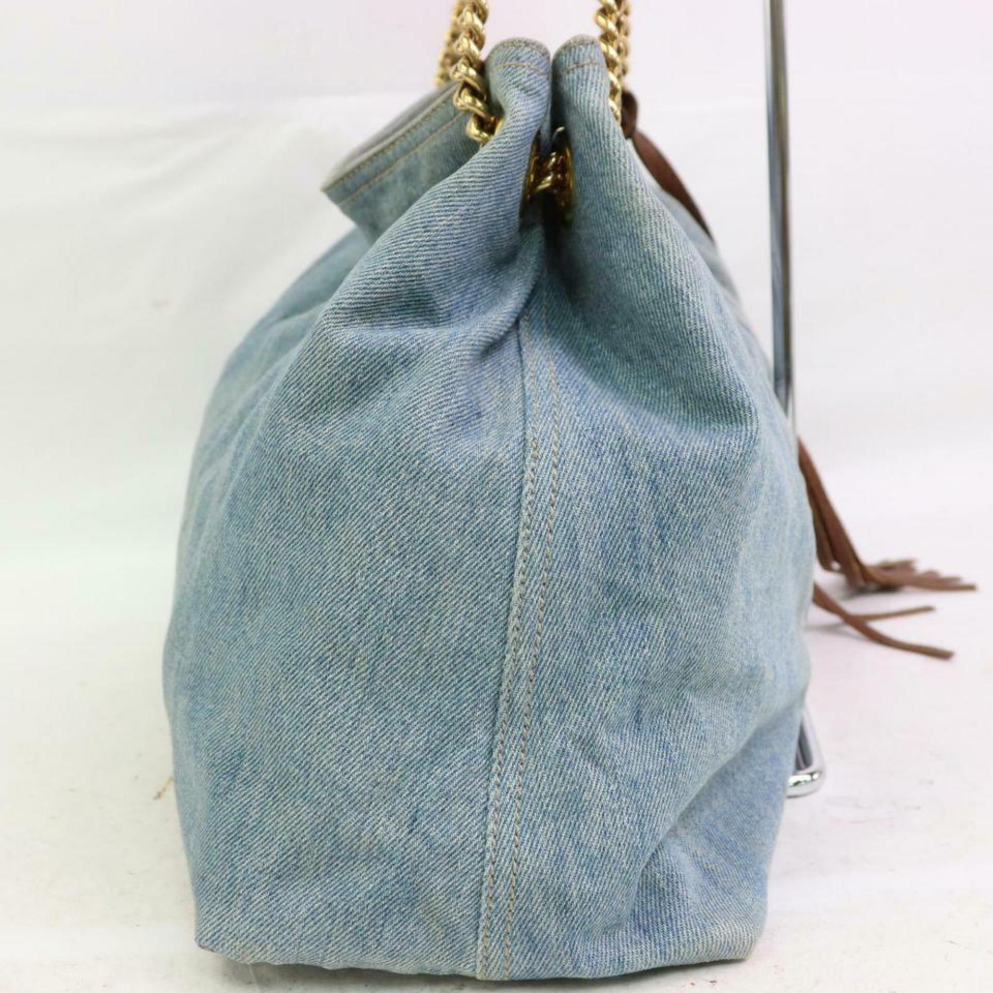 Women's Gucci Soho Fringe Tassel Chain Tote 870373 Blue Denim Shoulder Bag For Sale