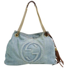 Used Gucci Soho Fringe Tassel Chain Tote 870373 Blue Denim Shoulder Bag