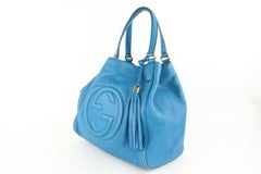 Gucci Soho Hobo Fringe Tassel Pebbled Calfskin Medium Tote 10gz0129 Blue Satchel