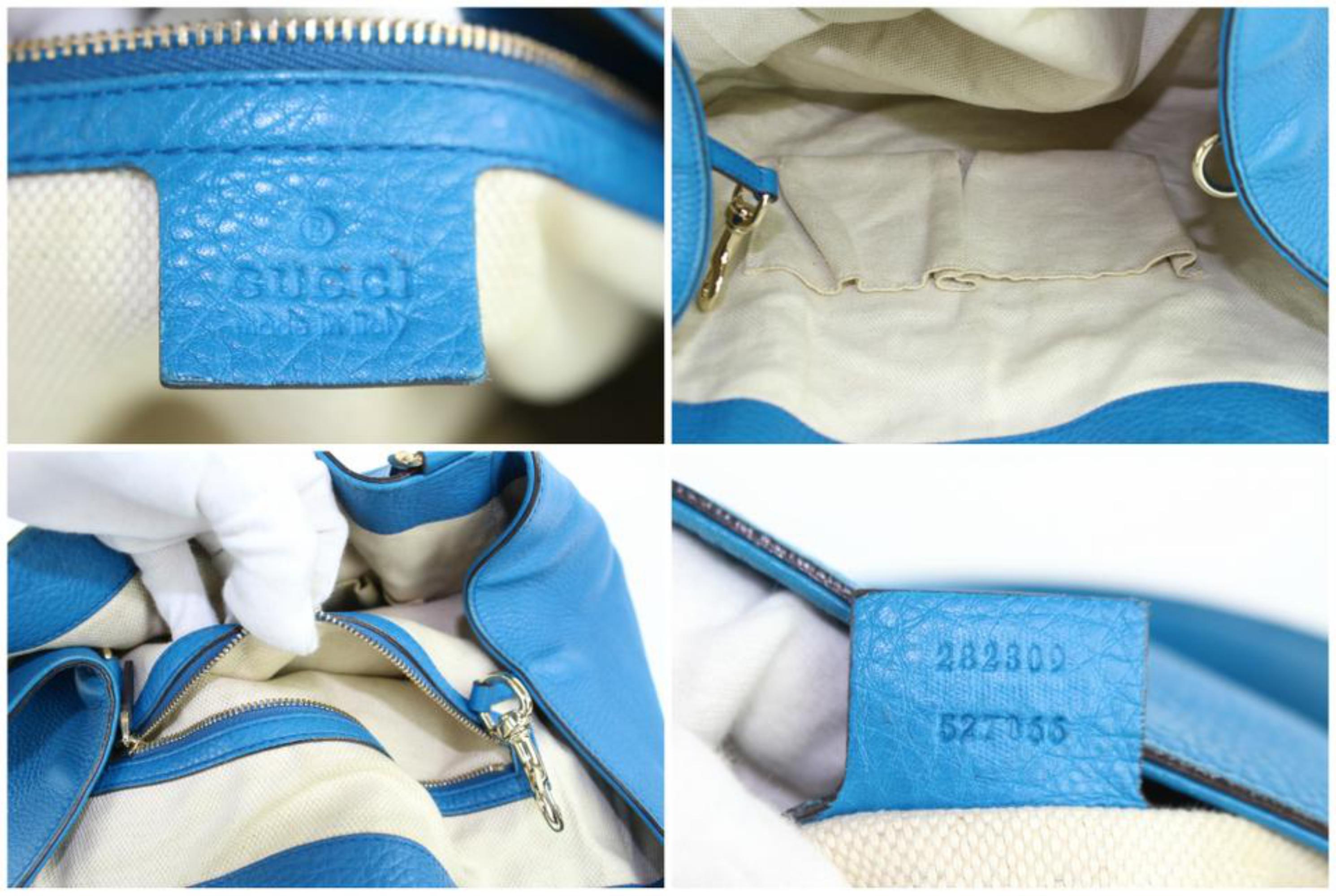 Gucci Soho Hobo Fringe Tassel Pebbled Calfskin Medium Tote 10gz0129 Blue Satchel In Good Condition For Sale In Forest Hills, NY