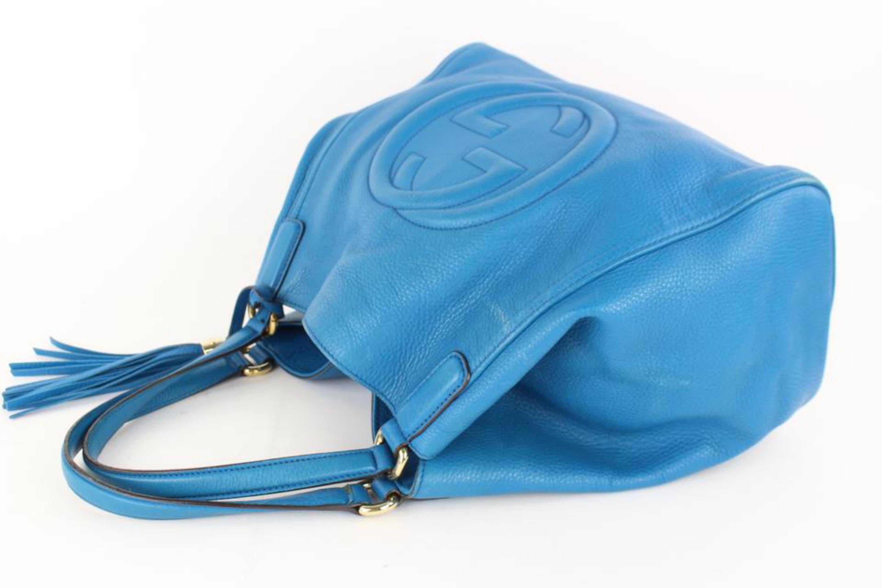 Gucci Soho Hobo Fringe Tassel Pebbled Calfskin Medium Tote 10gz0129 Blue Satchel For Sale 3