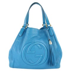 Gucci Soho Hobo Fringe Tassel Pebbled Calfskin Medium Tote 10gz0129 Blue Satchel
